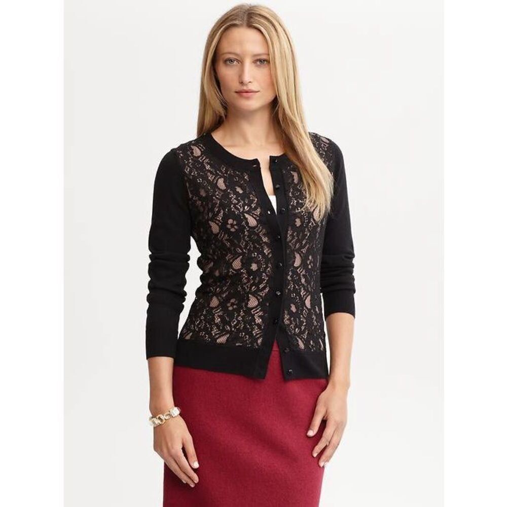 Banana Republic Black Wool Blend Lace Overall Cardigan Button Classy Sweater Med